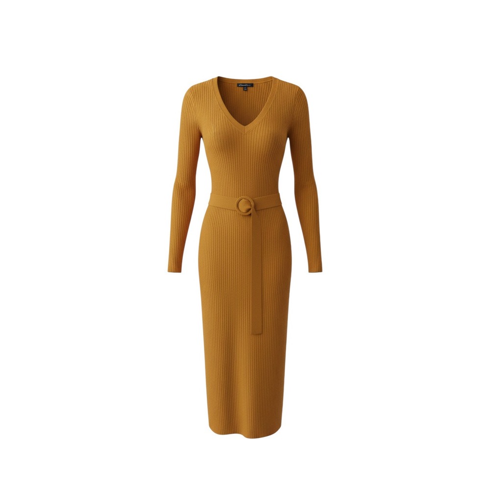 Chocolate USA Ribbed Knit Midi Dress Womens M Camel V-Neck Belted MD1556
